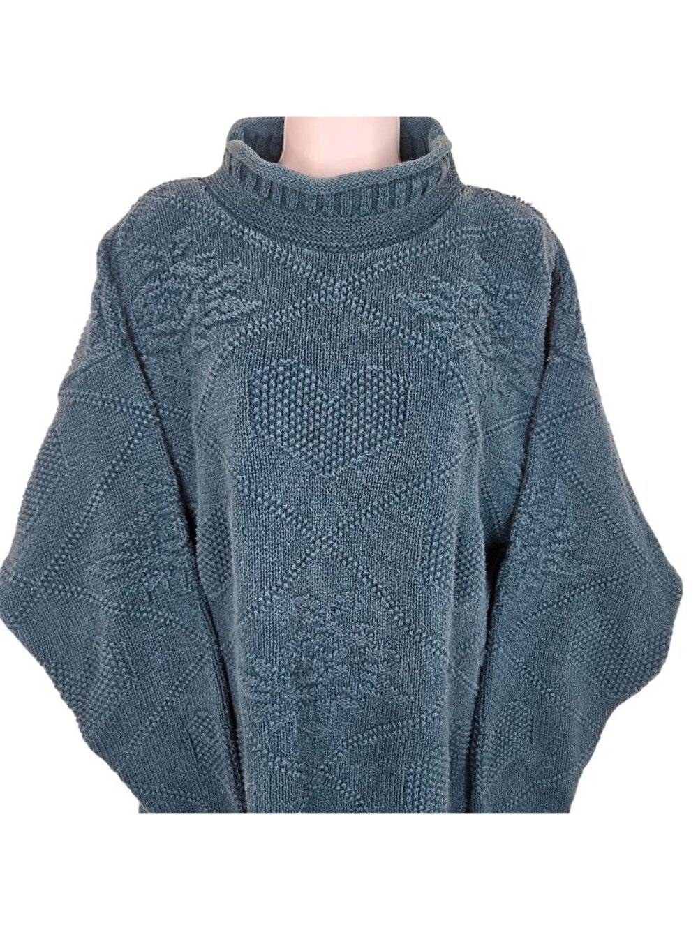 Vintage 90s Teal Blue Sweater Hearts Snowflake Mock Neck Womens M